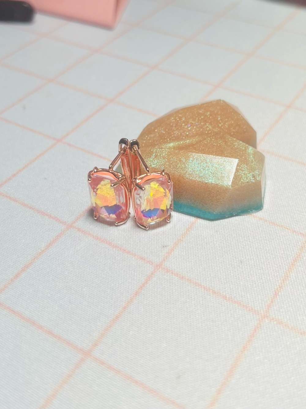 Rose Gold Pink Opal Drop Earrings with Iridescent Crystal